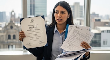 Una mujer joven sostiene un diploma universitario extranjero con un marco azul y una pila de documentos en una oficina frente a una ventana con vista a la ciudad.