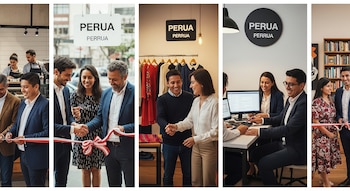 Mural de imágenes mostrando a hombres y mujeres peruanos en la apertura de diversos negocios con cintas rojas y blancas, carteles "PERRUA" y personal trabajando.