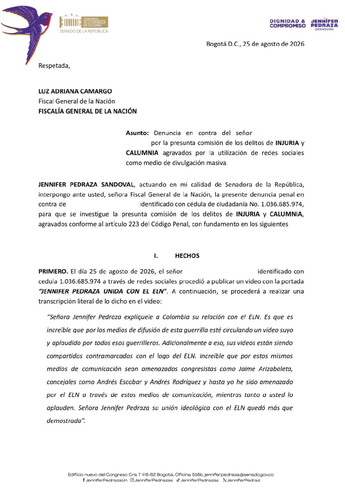 Jennifer Pedraza acudió a la Fiscalía tras denunciar publicaciones en las que fue señalada de tener vínculos con el ELN - crédito @JenniferPedraz/X