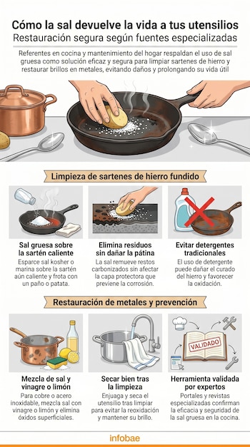 Infografía que muestra cómo usar sal para limpiar y restaurar sartenes de hierro fundido y metales como cobre o acero, ilustrando pasos con imágenes.
