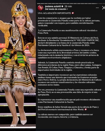 Josiane Sciotti en traje folclórico andino junto al texto de una publicación de Instagram con aclaraciones sobre la Llamerada Puneña