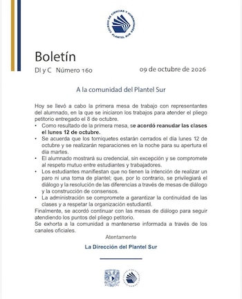 Documento en papel blanco con el escudo del Colegio de Ciencias y Humanidades que contiene el texto del Boletín Número 160