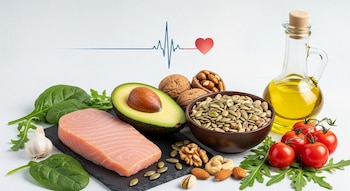 Composición de atún, aguacate, frutos secos, semillas, verduras frescas y aceite de oliva sobre fondo claro, con un pulso y corazón azul en la parte superior.