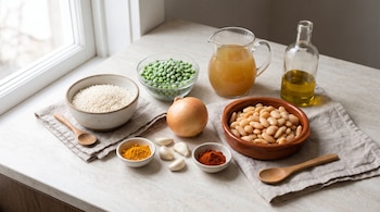 Arroz, arvejas, porotos blancos, cebolla, dientes de ajo, especias en polvo, jarra con caldo y botella de aceite sobre una mesada clara.