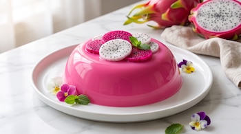Gelatina rosa sobre plato blanco con rodajas de pitahaya, hojas de menta y flores de pensamiento. Pitahayas enteras y cortadas en una mesa de mármol blanco.