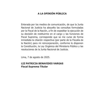 Mensaje de Patricia Benavides.