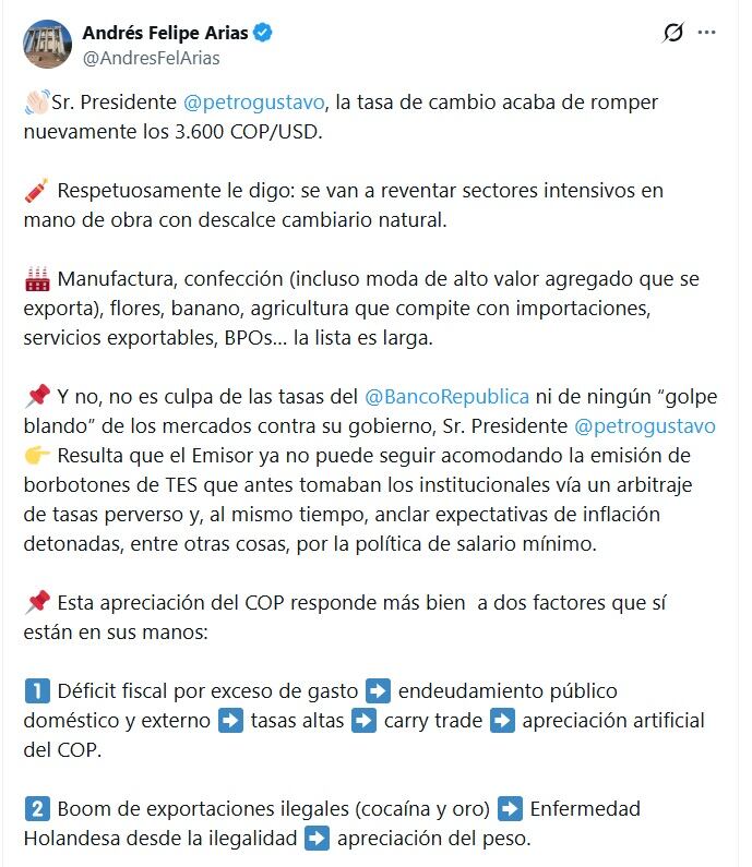 Andrés Felipe Arias, exministro de Agricultura, adujo que el boom de la cocaína tiene mucho que ver con la caída del precio del dólar en Colombia - crédito @AndresFelArias/X