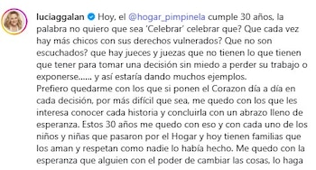 El mensaje de Lucía Galán por los 30 años del Hogar Pimpinela (Instagram)
