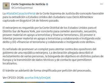 Corte Suprema de Justicia dio concepto favorable para la extradición a Estados Unidos del ciudadano ruso Denis Klimenkov capturado en Bogotá el 24 de febrero pasado - crédito @CorteSupremaJ/X
