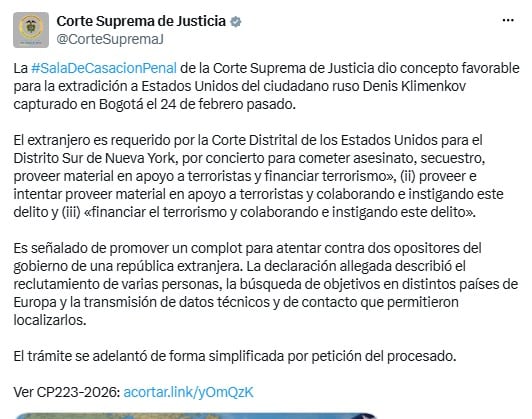 Corte Suprema de Justicia dio concepto favorable para la extradición a Estados Unidos del ciudadano ruso Denis Klimenkov capturado en Bogotá el 24 de febrero pasado - crédito @CorteSupremaJ/X