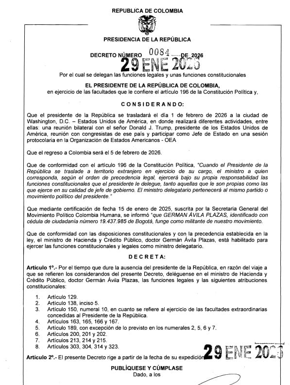 Decreto que confirma que Germán Ávila asumirá funciones presidenciales tras ausencia de Gustavo Petro - crédito suministrada
