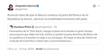 El exministro Alejandro Gaviria señaló al presidente Petro de buscar “tomarse” la Junta Directiva del Banco de la República - crédito @agaviriau/X