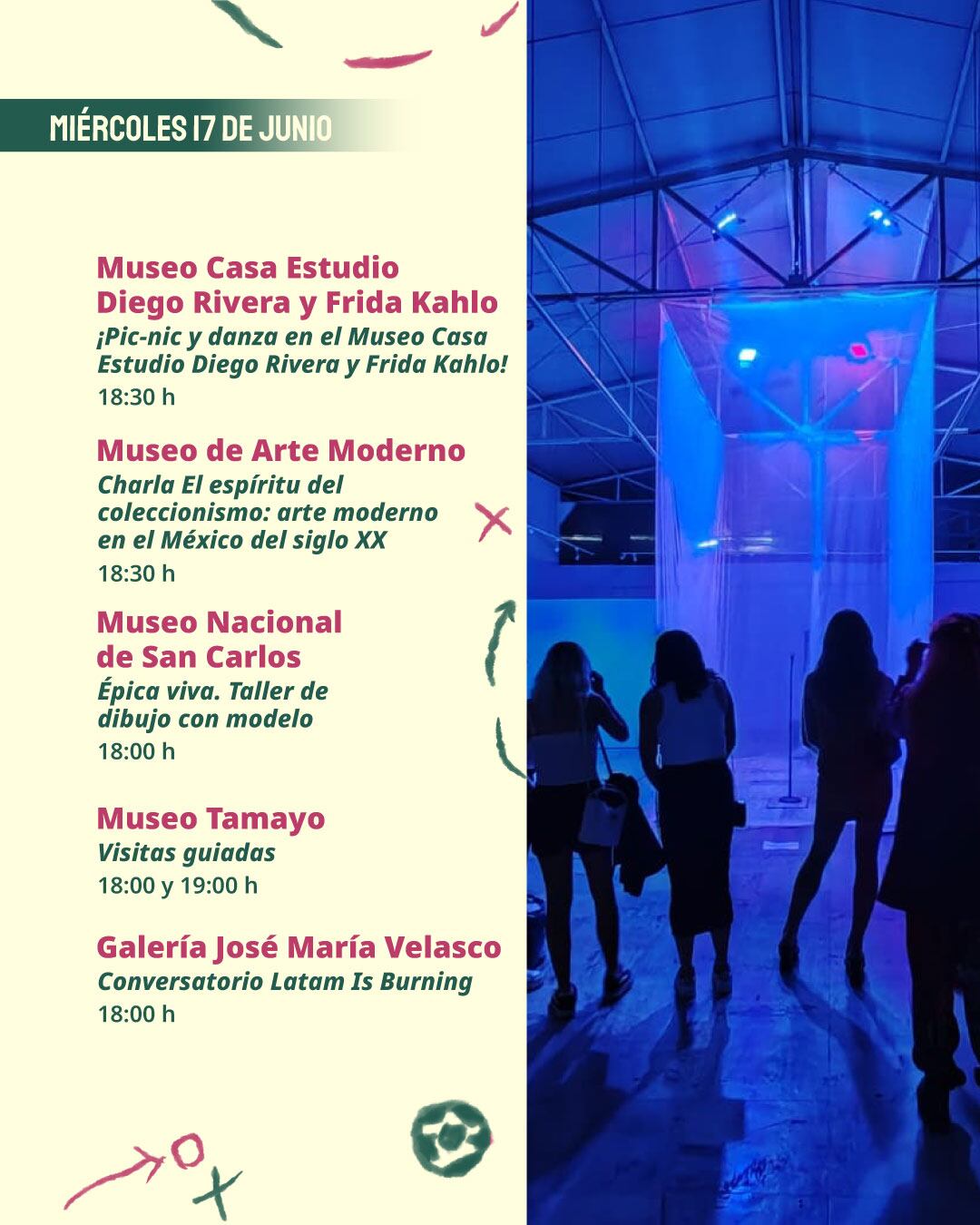 A la misma hora, el Museo Mural Diego Rivera presenta la Noche de Folklore con danza y música mexicana y latinoamericana a cargo del grupo Tindu (Noche de Museos/INBAL)