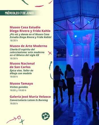 Captura de pantalla dividida con agenda de eventos culturales a la izquierda y tres mujeres en un espacio iluminado con luces azules a la derecha