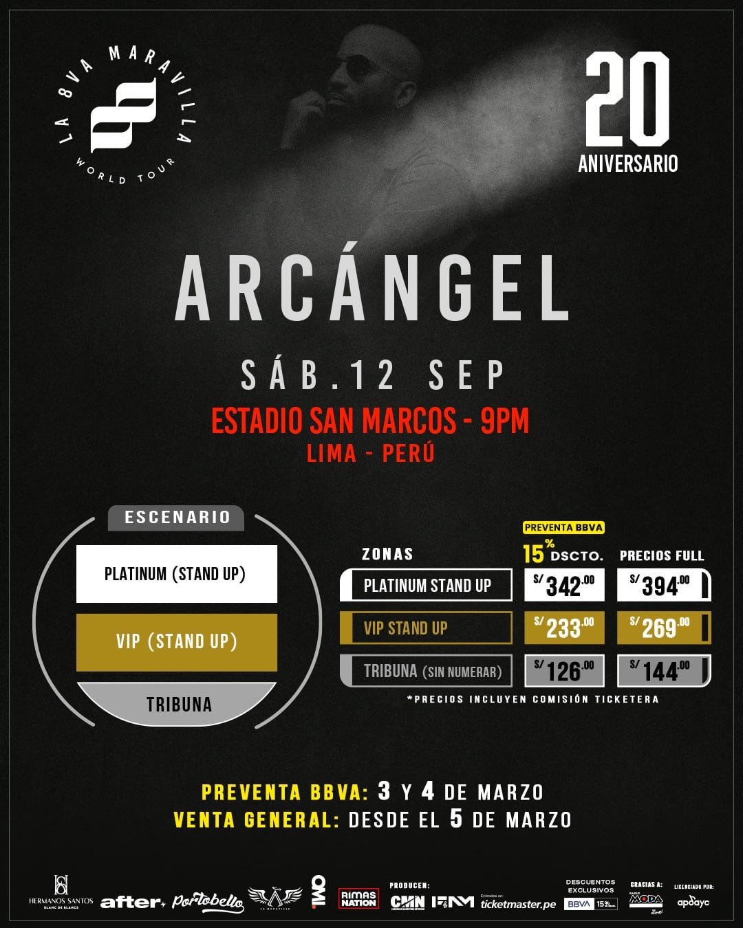 El afiche oficial del concierto de Arcángel en Lima detalla las fechas, el lugar en el Estadio San Marcos y los precios de las entradas por zona, incluyendo descuentos y fechas de venta.