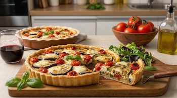 Dos tartas de berenjenas, tomates cherry y queso derretido, una con una porción servida, junto a una ensalada, tomates frescos, aceite de oliva y vino tinto.