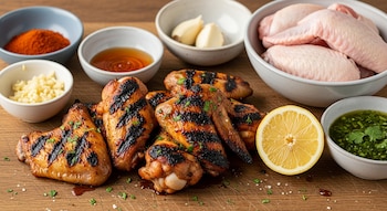 Alitas de pollo a la parrilla y crudas, junto a cuencos con ajo picado, pimentón, miel, ajos enteros, limón y una salsa verde, sobre una tabla de madera.