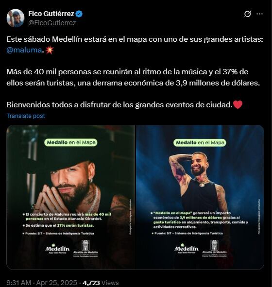 Concierto de Maluma en Medellín dejará una derrama económica de millones de dólares - crédito @FicoGutierrez/X