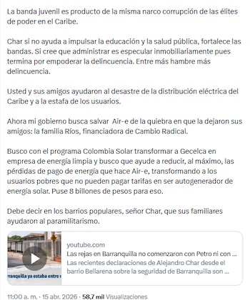 Petro denunció malas prácticas del alcalde de Barranquilla - crédito @petrogustavo/X