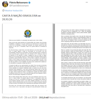 Captura de una publicación digital con el perfil de Flávio Bolsonaro y dos páginas de texto encabezadas por el escudo de armas de Brasil