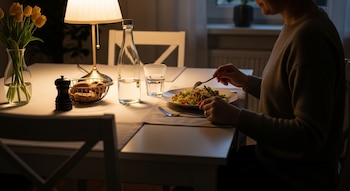 Una persona sentada a una mesa, comiendo de un plato. Mesa con lámpara, botella de agua, vaso, pimentero, cesta con pan y tulipanes en florero.