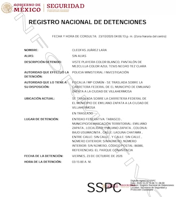 Ficha del RND emitida tras la captura del secretario de seguridad municipal de Emiliano Zapata. Crédito: SSPC