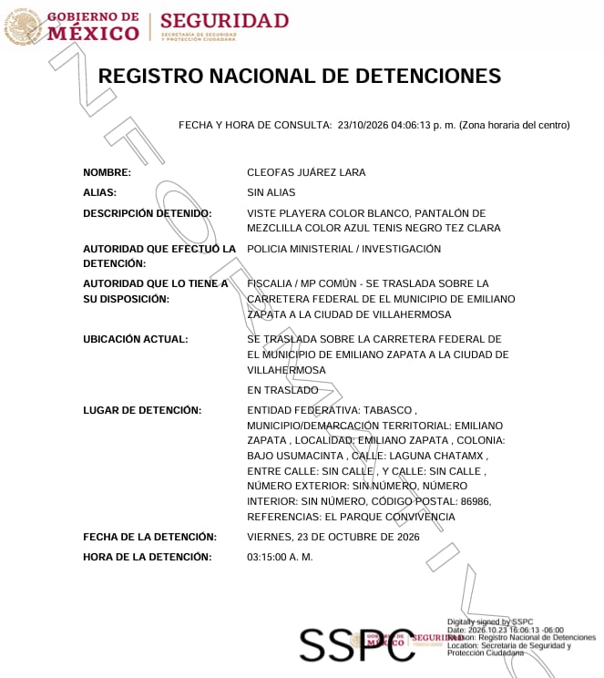 Ficha del RND emitida tras la captura del secretario de seguridad municipal de Emiliano Zapata. Crédito: SSPC