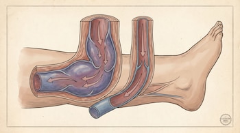 Ilustración de una pierna humana seccionada que muestra dos venas: una con flujo sanguíneo normal y otra con válvulas disfuncionales y estasis.