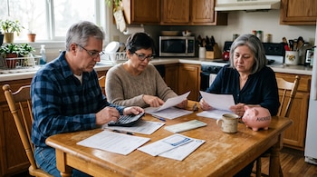 Tres personas sentadas a una mesa de madera revisan hojas de papel, sobres del Seguro Social, una calculadora y una alcancía.