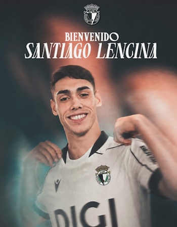 Joven futbolista, Santiago Lencina, sonríe con camiseta de fútbol blanca con escudo del Burgos CF y logo DIGI. Fondo oscuro con texto Bienvenido