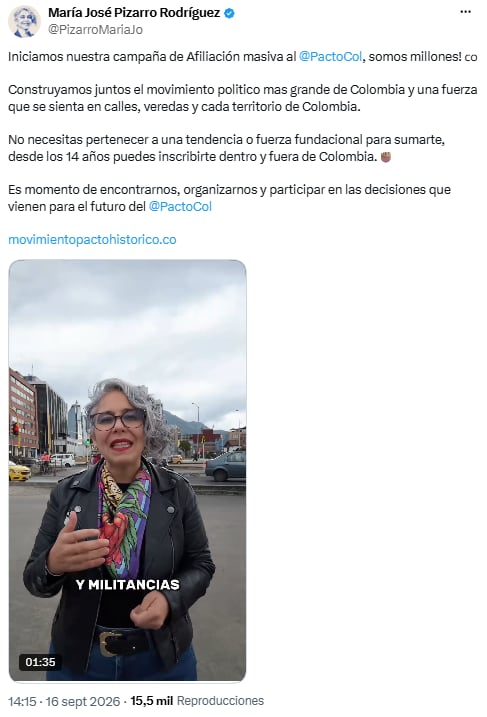 María José Pizarro lanzó una afiliación masiva al Pacto Histórico antes de las regionales - crédito @PizarroMariaJo/X