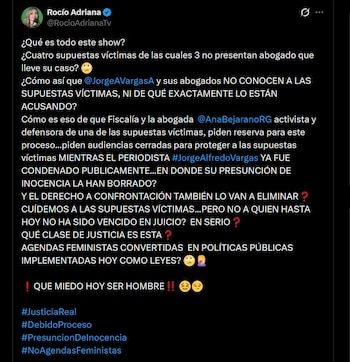 Rocío Adriana cuestionó en X el proceso judicial y afirmó que Jorge Alfredo Vargas ya fue condenado públicamente sin sentencia - crédito @RocioAdrianaTv / X