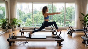 Mujer de cabello rizado en top azul y leggings negros, en estocada sobre un reformer de Pilates. Fondo con ventanales a árboles y edificios, y un espejo.