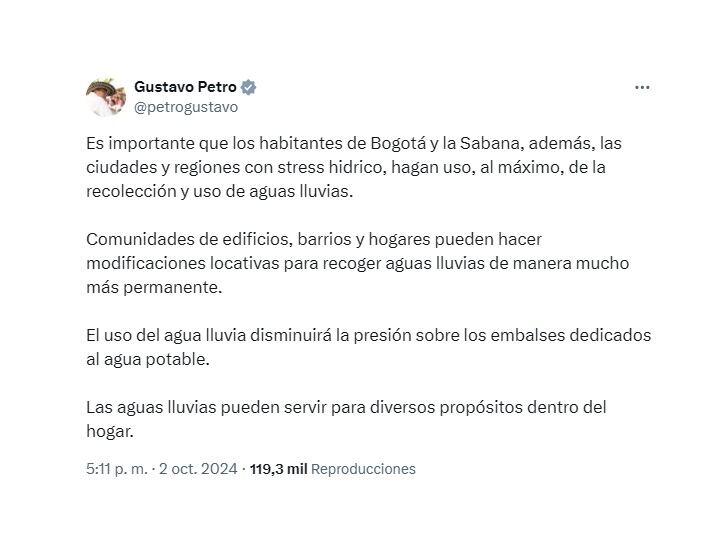 Trinos con los que Petro aconsejó al alcalde galán para contrarrestar las crisis de agua y la que se vaticina de electricidad para el 2025. (Crédito: @petrogustavo / X)