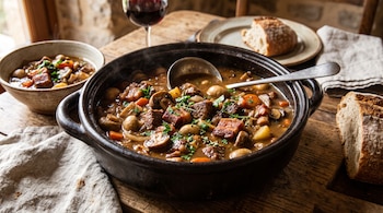 Cazuela de barro con estofado de carne, panceta y champiñones, junto a un cucharón, un cuenco servido, pan y una copa de vino.