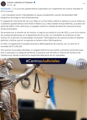 La Fiscalía presentó pruebas materiales y testimonios que vinculan a José Antonio Boteo Cruz y Nery Ubaldo Amaya Martínez con el cargamento de cocaína.(Cortesía: Centros Judiciales El Salvador)