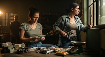 Dos mujeres en un local oscuro. Una cuenta billetes, la otra con pistola mira por ventana. Mesa con fajos de dinero, paquetes de drogas y balanza de metal.