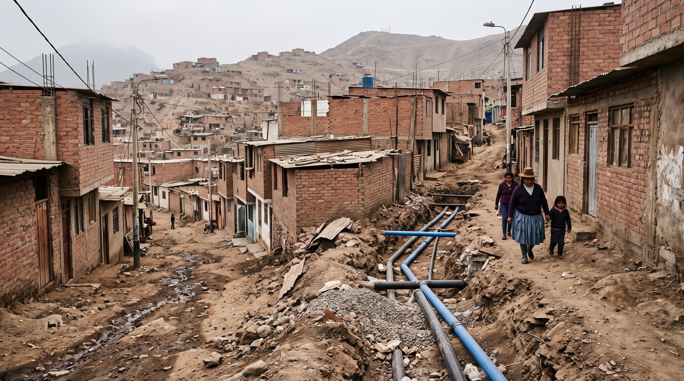 Pobladores caminan por una calle sin pavimentar con tuberías de agua expuestas en un asentamiento periférico de Perú. (Imagen Ilustrativa Infobae)