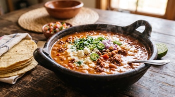 Cazuela de barro con guisado de frijoles, chorizo, queso fresco, rodajas de jalapeño y cilantro, junto a tortillas de maíz y tazones de barro.