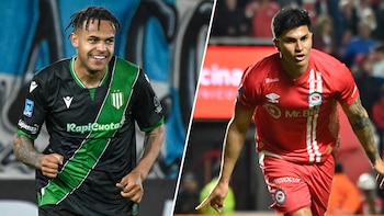 Composición con un futbolista de Banfield con camiseta verde y negra y un futbolista de Argentinos Juniors con camiseta roja