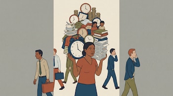 Ilustración de mujer con pila de objetos: relojes, monedas, ropa, platos, libros, documentos, dos niños. Hombres caminan a su lado.