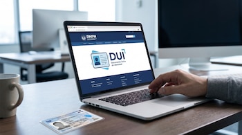 Una mano teclea en un portátil abierto mostrando la web del RNPN y el icono del DUI, junto a un Documento Único de Identidad de El Salvador sobre una mesa.