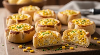 Nueve canastitas de choclo recién horneadas sobre una tabla de madera, mostrando el relleno cremoso y granos de maíz, con una de ellas partida por la mitad.