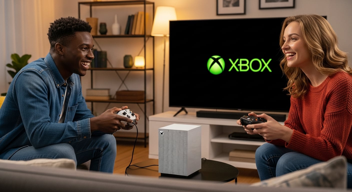 Un hombre y una mujer sonrientes juegan juntos en una Xbox Series S mientras la pantalla muestra el logo de Xbox. (Imagen Ilustrativa Infobae)