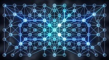Disposición de múltiples esferas translúcidas azul claro conectadas por líneas luminosas azules sobre un fondo oscuro. Algunos puntos centrales brillan intensamente.