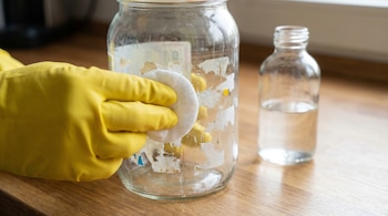 Una mano con guante amarillo limpia un frasco de vidrio lleno de residuos de pegatinas con un algodón, mientras una pequeña botella de quitaesmalte se ve al fondo.