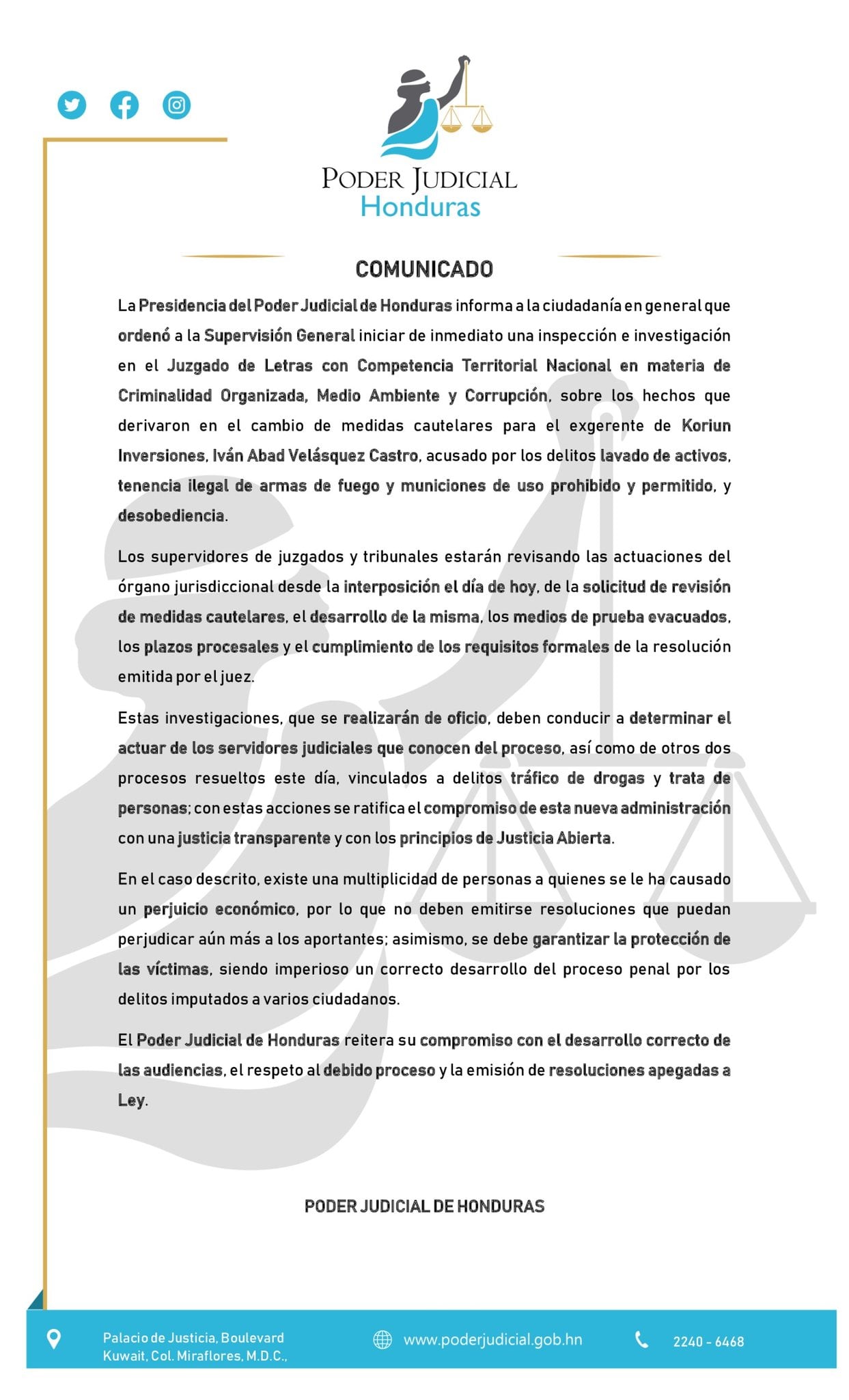 La Supervisión General del Poder Judicial analizará el trámite completo del caso y los requisitos legales al modificar las medidas cautelares. (Comunicado: Poder Judicial)