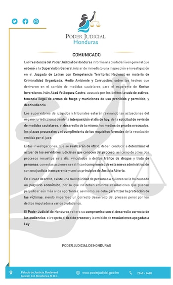 La Supervisión General del Poder Judicial analizará el trámite completo del caso y los requisitos legales al modificar las medidas cautelares. (Comunicado: Poder Judicial)