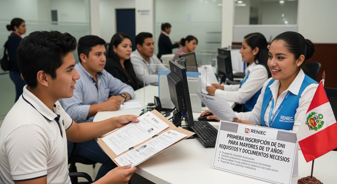 La imagen muestra a personas jóvenes en una oficina de RENIEC en Perú, un contexto de trámite para la primera inscripción del Documento Nacional de Identidad para mayores de 17 años. (Imagen Ilustrativa Infobae)