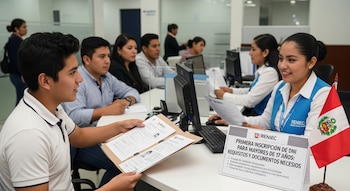 Oficina de RENIEC con varias personas, un joven entrega documentos a una empleada. Hay monitores, un cartel sobre inscripción de DNI y una bandera de Perú.